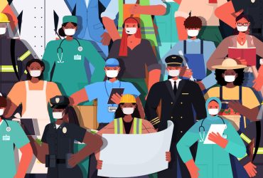 mix race people of different occupations standing together labor day celebration concept men women wearing masks to prevent coronavirus horizontal vector illustration